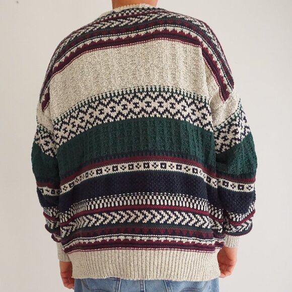 Vintage Northwest Territory Sweater Nordic Stripe Cabin Knit Beige Green XL - Picture 2 of 9